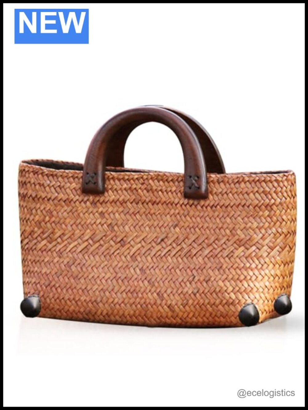 Hand-Woven Straw Tote Bag for Women, Summer Beach Rattan Bag with Wooden